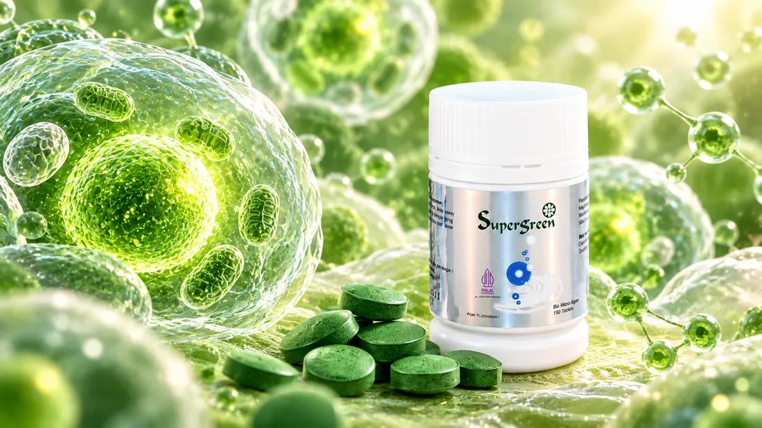 Botol Supergreen di antara sel dan molekul hijau